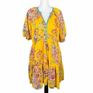 Karyn Seo Mini Dress Sz Large Yellow Boho Floral Cottage Babydoll Pockets Cotton
